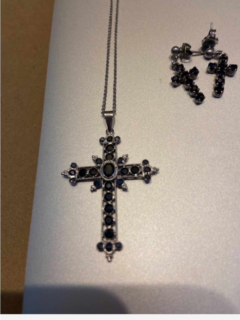Sterling Silver Cross Sapphire Pendant Necklace with Sapphire Cross Earrings